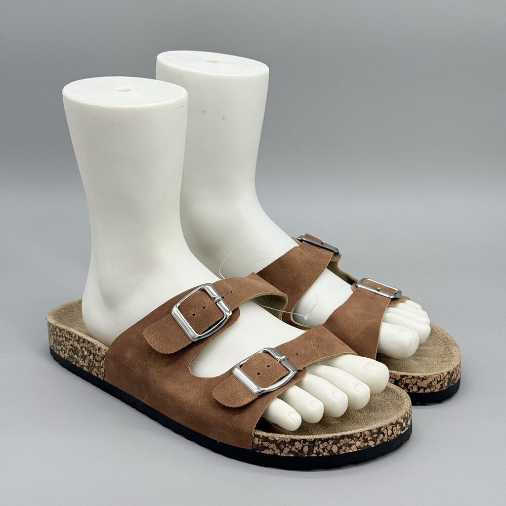Alpine Swiss Mens Brown Double Strap Cork Sandals Slides Size 10